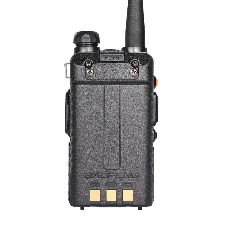 Black long-range walkie talkie with antenna showing compact dimensions for portable two-way communication.