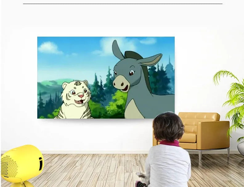 YG220 yellow LED projector showing front projection with 1080P support capability