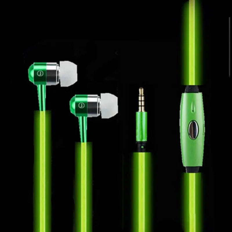 Blue Magic Light LED earphones with glowing stems, 3.5mm plug, and inline remote on a dark background.