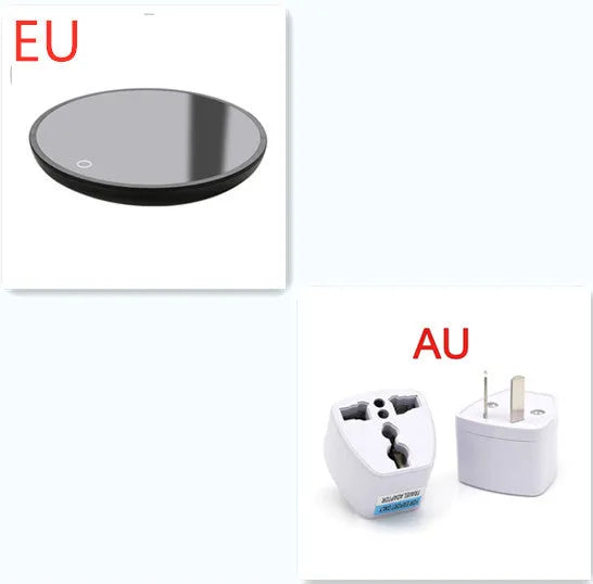 Black coffee cup warmer with 12 cm tempered glass heating surface and ABS plastic base