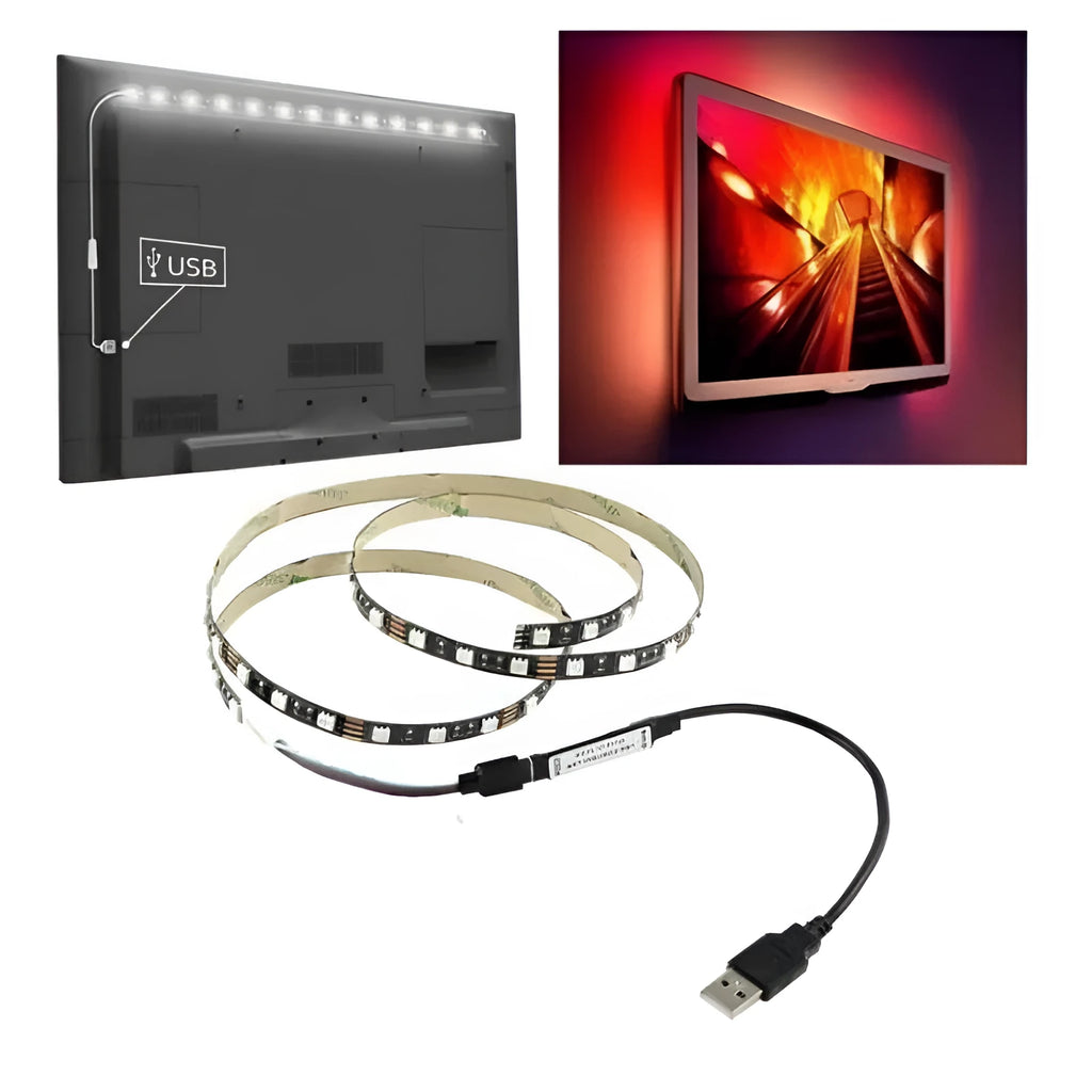 USB-powered flexible LED light strip showing multiple colour options including white, blue, and red illumination