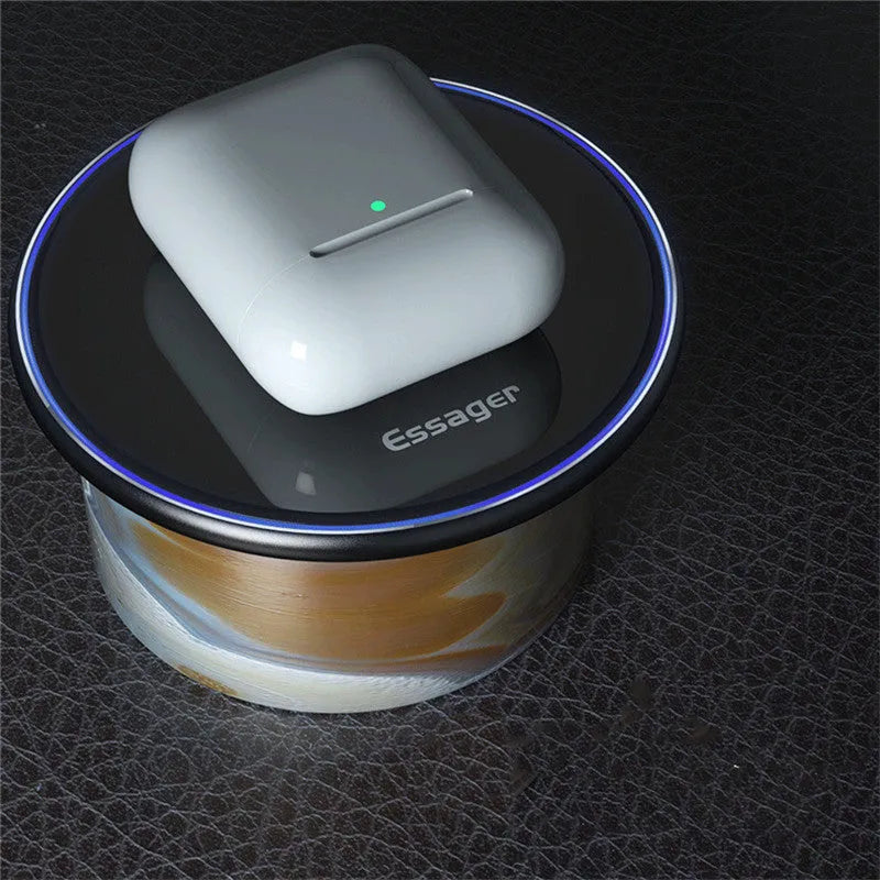 Black and white aluminium alloy wireless charging pad for phones with Qi fast charging and LED light.