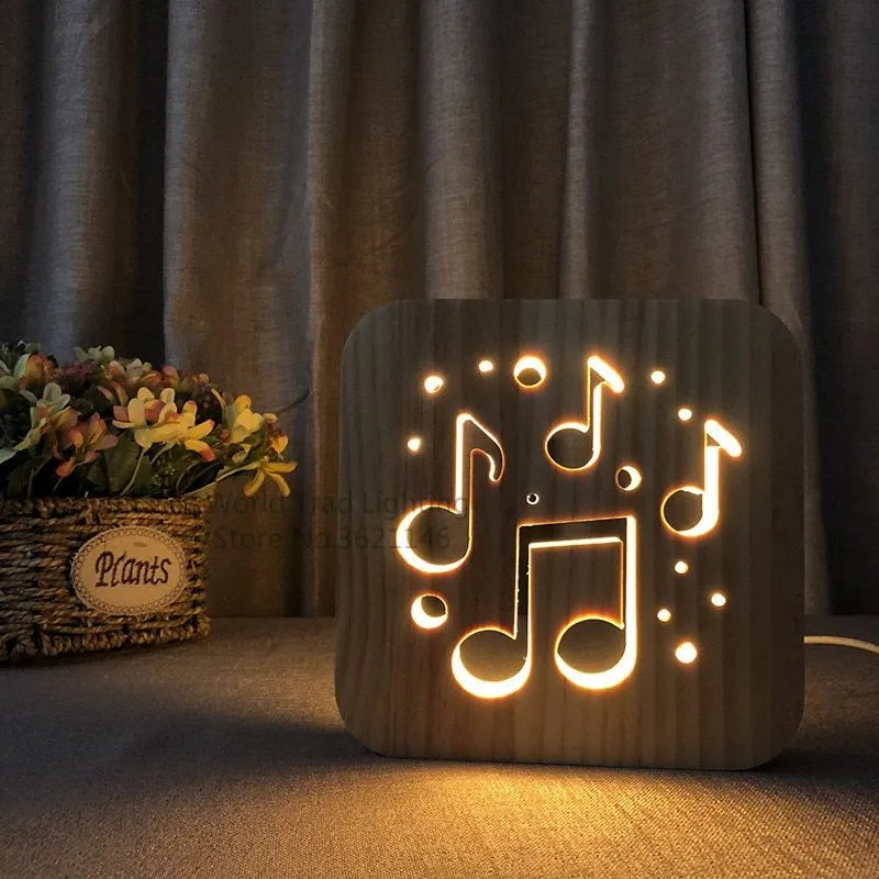 Square pine wood USB LED atmosphere lamp emitting warm white light.