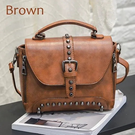Women vintage leather crossbody handbag with flap pocket, rivet details, 25x20x12cm, available in five colours