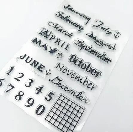 Close-up of a transparent silicone vintage calendar seal stamp showing a digital table icon design.