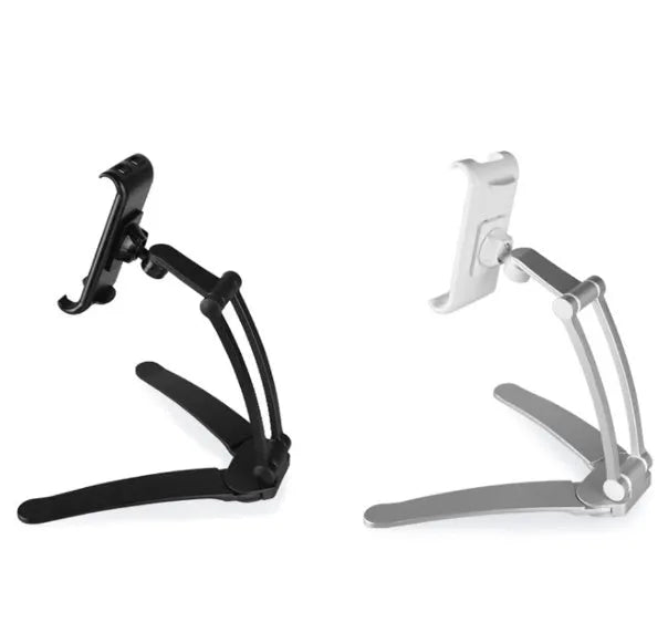 Silver aluminum alloy desktop tablet stand holding a tablet at adjustable angle with white mounting base