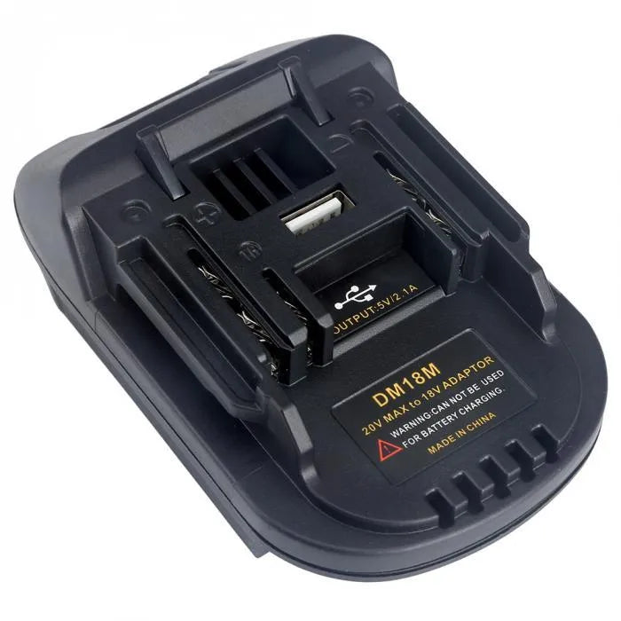 Black battery adapter connecting Milwaukee DM18M tools to Makita H99F batteries