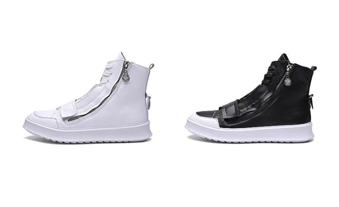 Men's black high-top ankle boot made of PU leather microfiber, shown from the side.