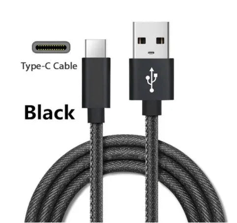 USB Type-C charging cable with blue denim fabric sleeve and aluminium connector.
