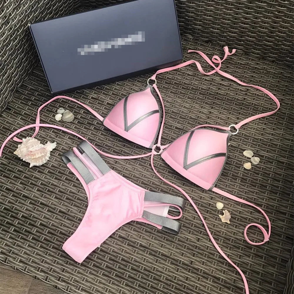 Female bronzing bikini swimwear with soft padding, shown in multiple colour and print options.