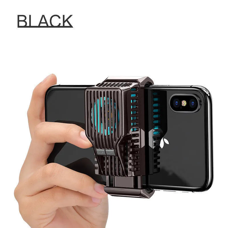 Black mobile phone radiator clip cooler with aluminium heatsink attached to smartphone