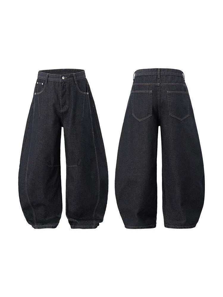 Men's wide leg denim trousers in original cow colour showing mid waist and straight leg design