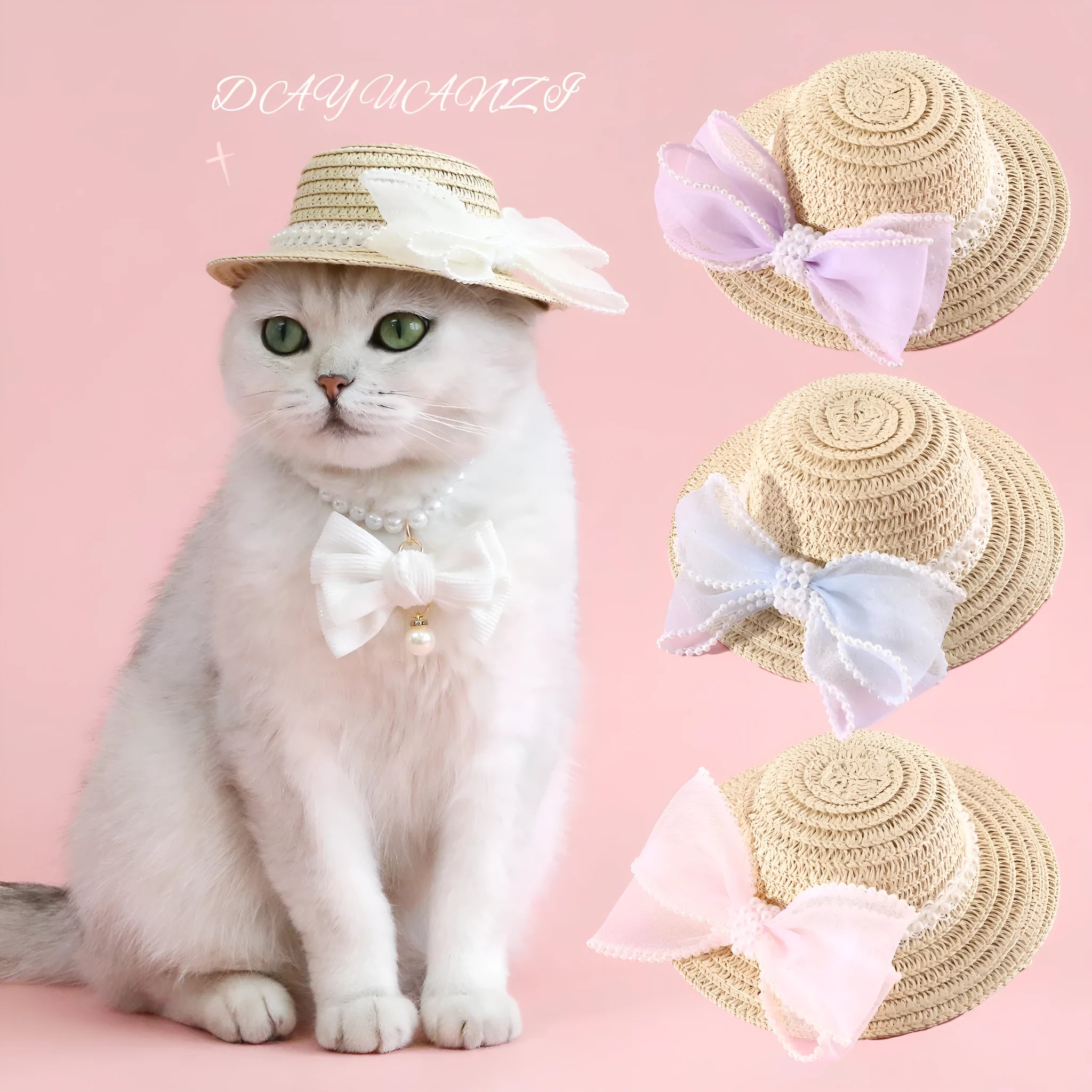 Pink pearl bow woven straw hat for a cat, shown in size S (13cm) on a mannequin head.