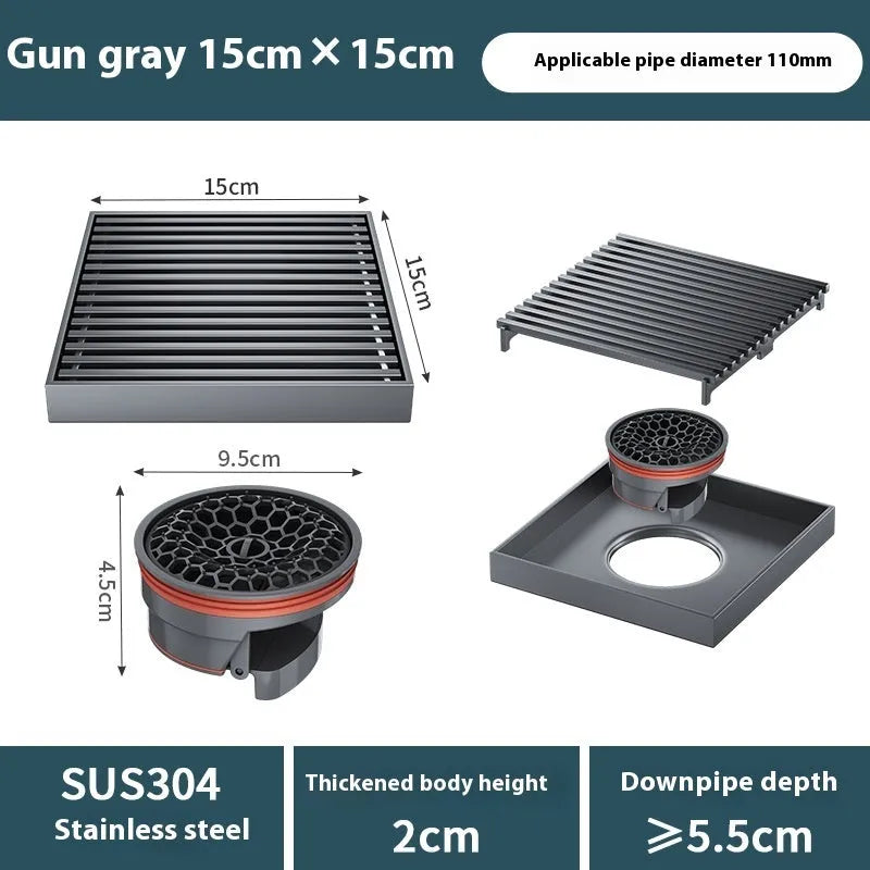 304 stainless steel courtyard floor drain with gun grey finish and 15x15 cm drainage core