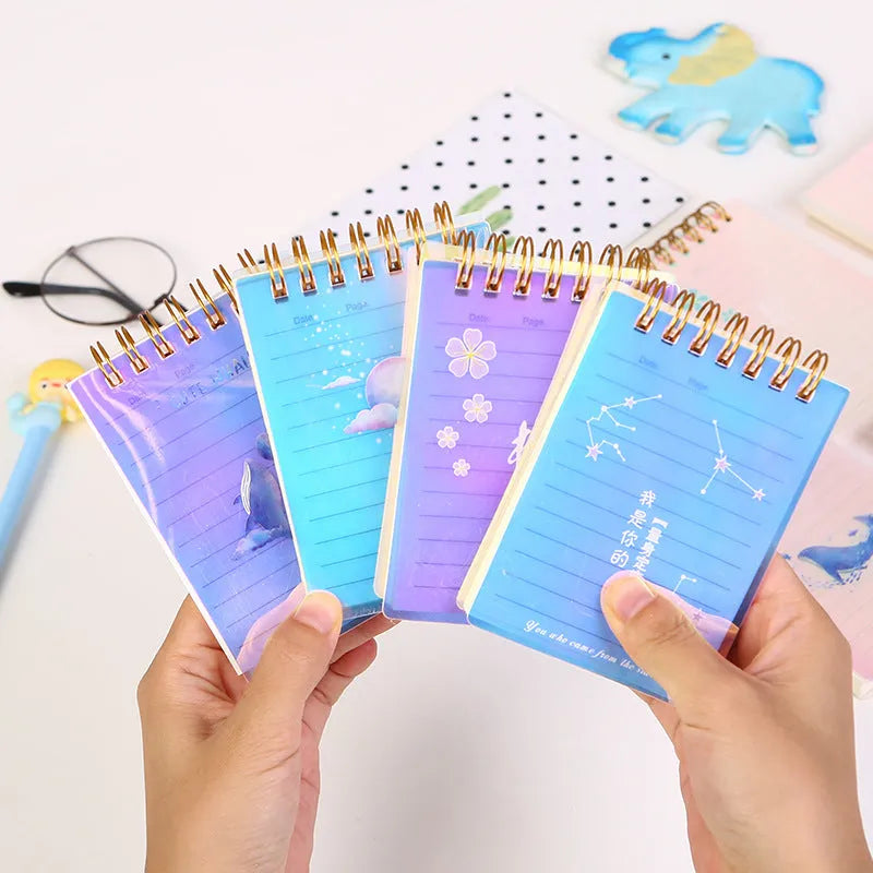 A7 spiral notebook with PP cover showing constellation design, spiral binding, and open page with square inner core
