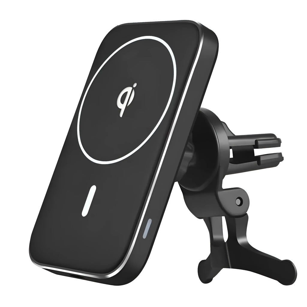 Black M6 magnetic wireless charging car phone bracket with USB cable.