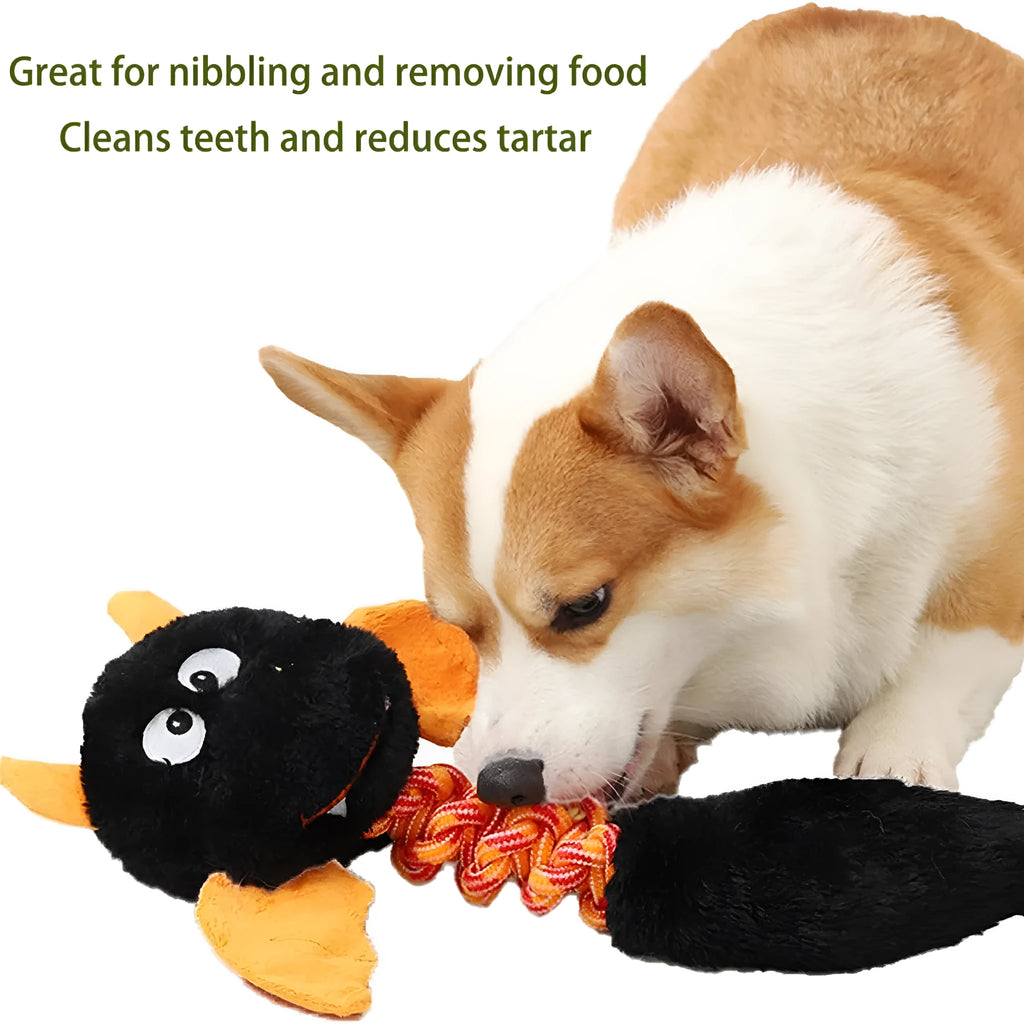 Soft rabbit fleece plush dog toy with a rope knot, shown in black, green, or red.