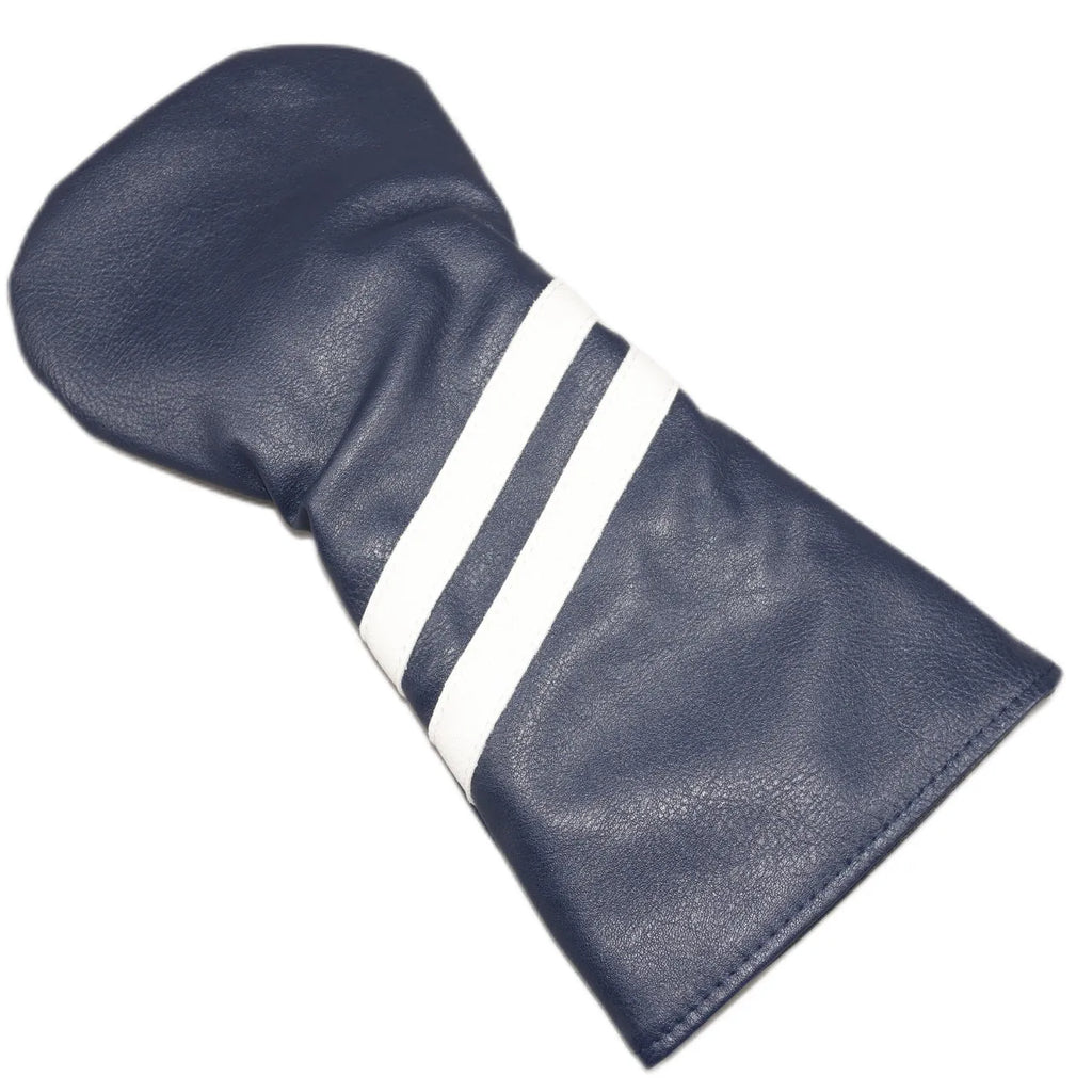 Striped golf club head cover in multiple colours showing three size options for wood rod protection