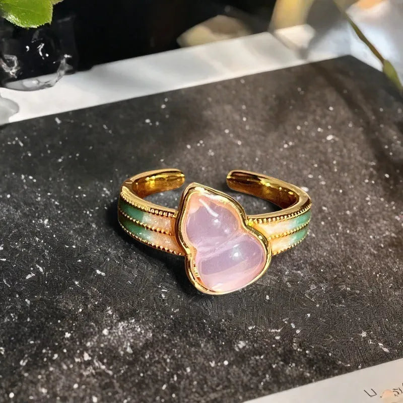 Adjustable copper ring with vintage gourd, floral, and bow design in New Chinese style, set with zircon stones.