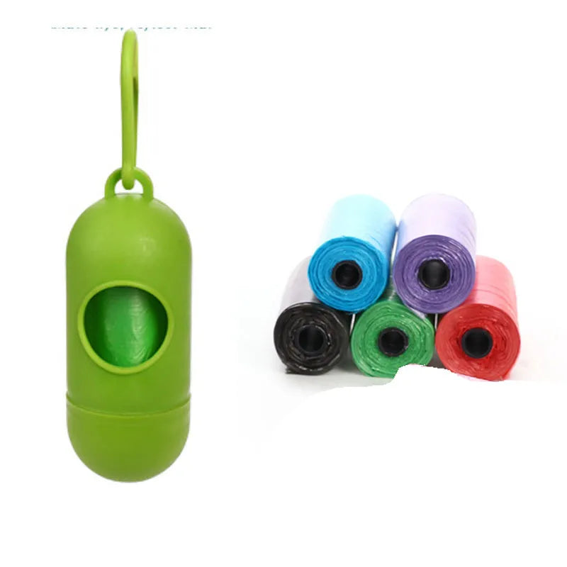 Set of five coloured dog waste poop bags showing black, blue, red, green, pink, and purple options.