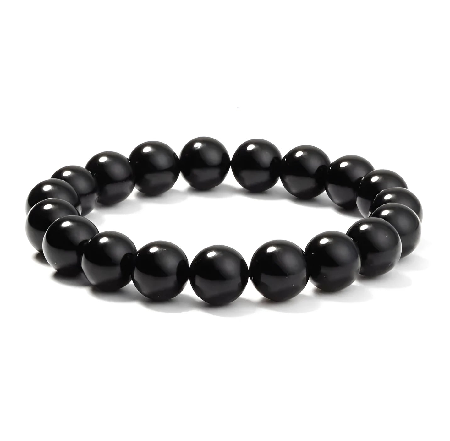 Black agate bracelet with geometric 8mm beads on a black elastic cord, laid flat.