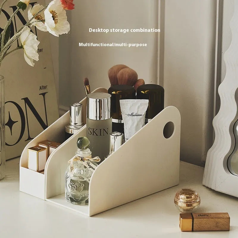 Plastic desktop storage box with 2-layer grid shelf in milk coffee colour