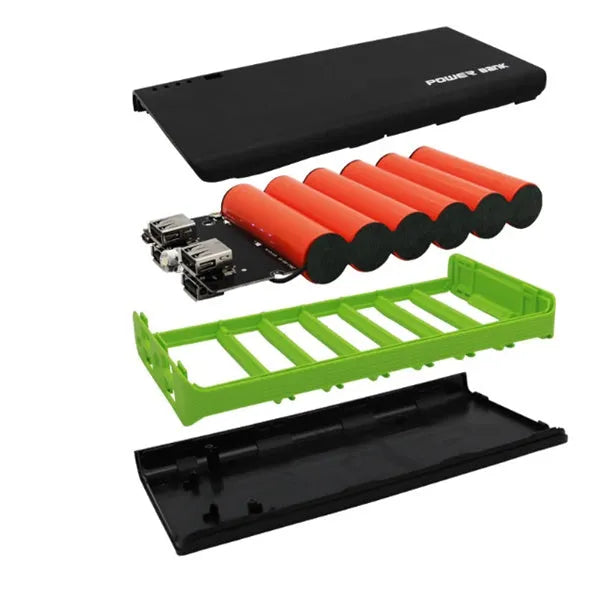20000mAh portable power bank in multiple colours showing compact dimensions and charging ports