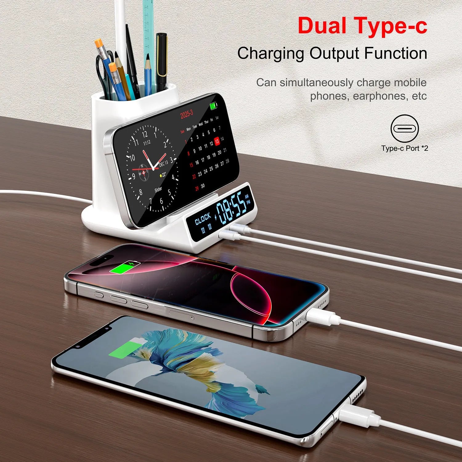 Modern black and white wireless charging desk lamp with integrated pen holder and storage box compartments.