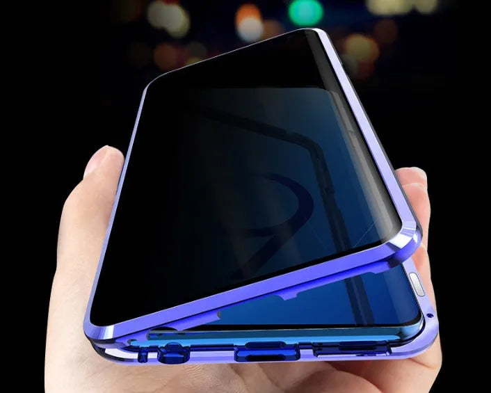 Magnetic anti-peeping phone case for Samsung Galaxy in clamshell design with double-sided glass construction