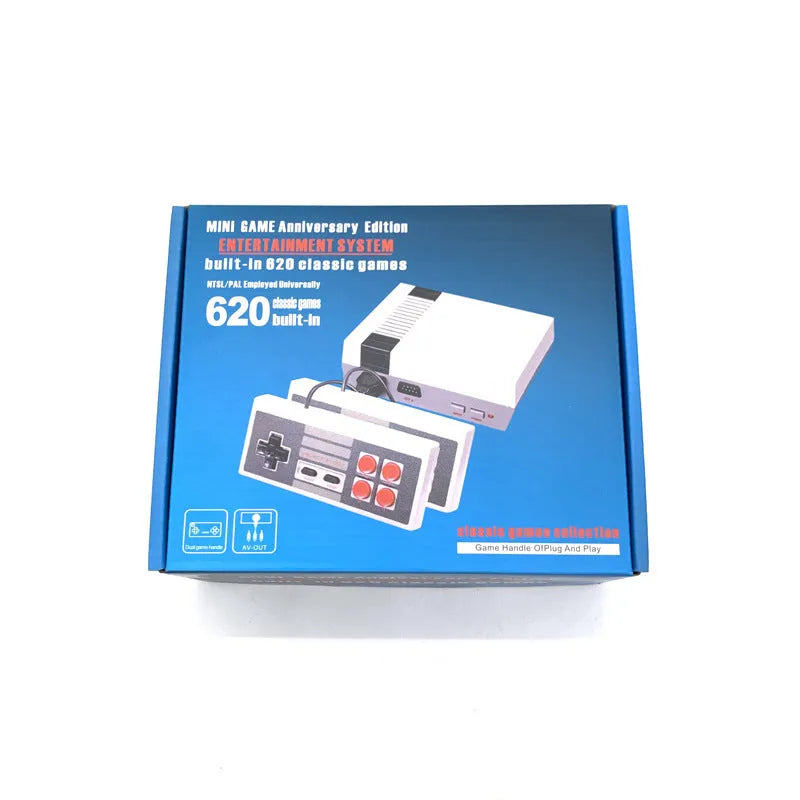 NES 8-bit retro game console with two controllers and AV cable on packaging