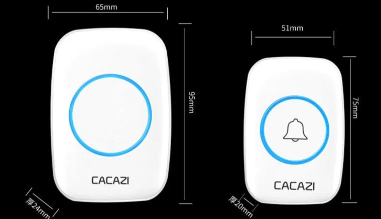Wireless doorbell kit showing AC plug-in receiver and battery-powered transmitter in black finish.