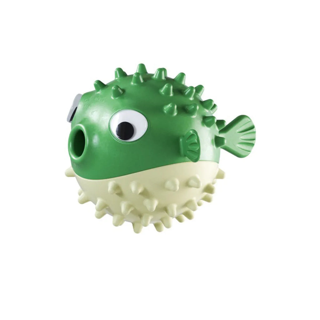 Yellow vinyl fish-shaped dog chew toy with textured surface for aggressive chewers