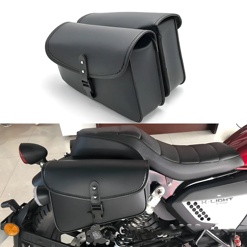 Black PU leather motorcycle swingarm bag mounted on Harley Sportster for tool storage