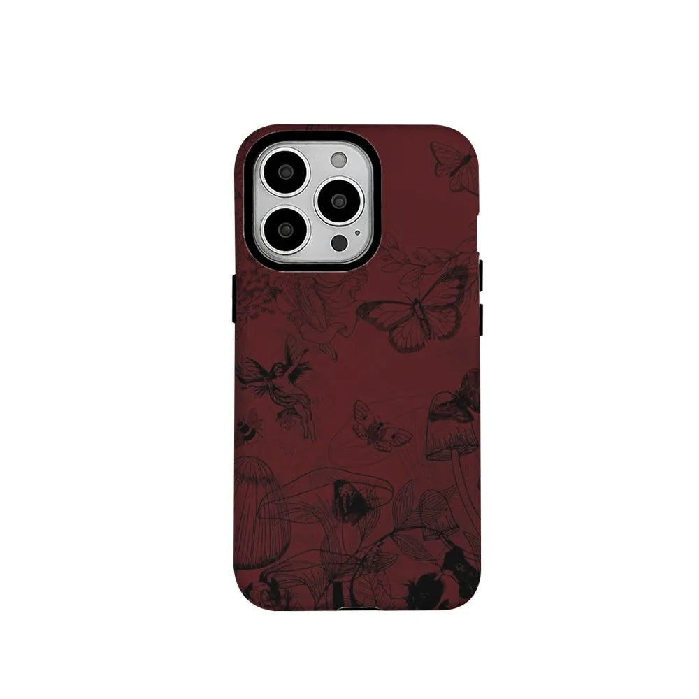 Retro butterfly and floral oil-painting print phone case in red, anti-fingerprint, for iPhone 11-16