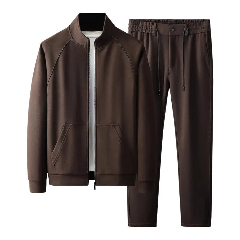 Men's stand collar casual sports suit jacket and trousers in slim fit.