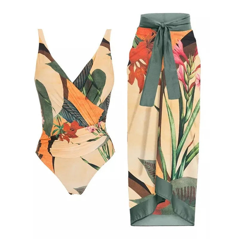 Women's solid colour one-piece swimsuit with spaghetti straps and a removable skirt attached