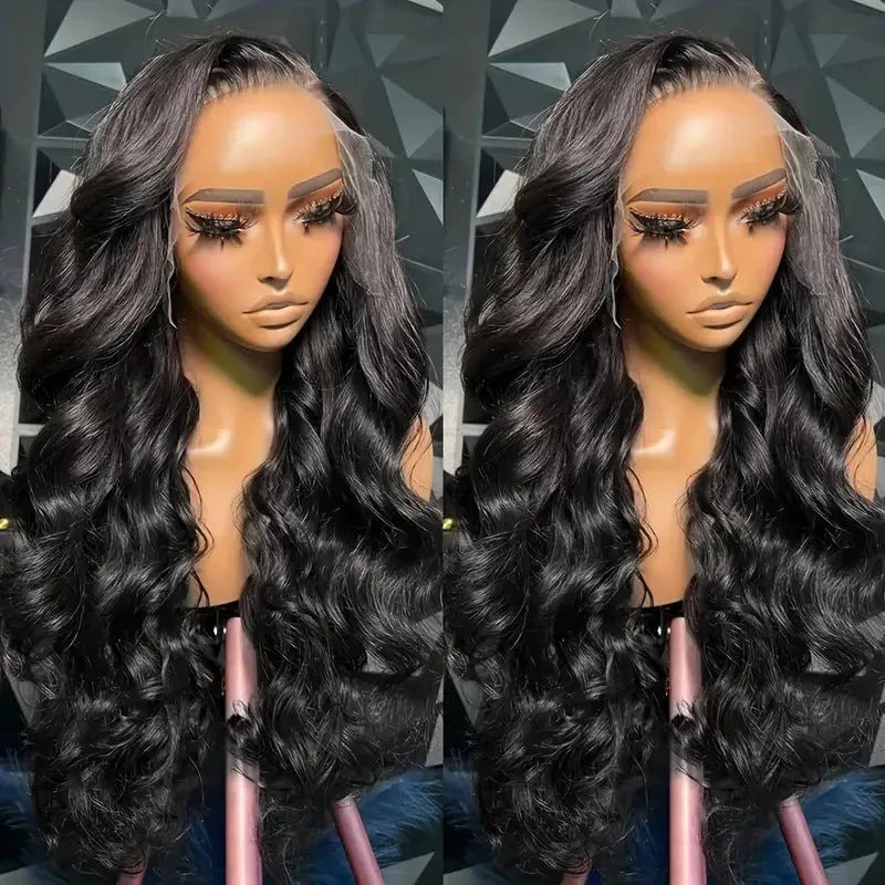 Black synthetic full-head wig with medium-length curly waves, shown on mannequin head