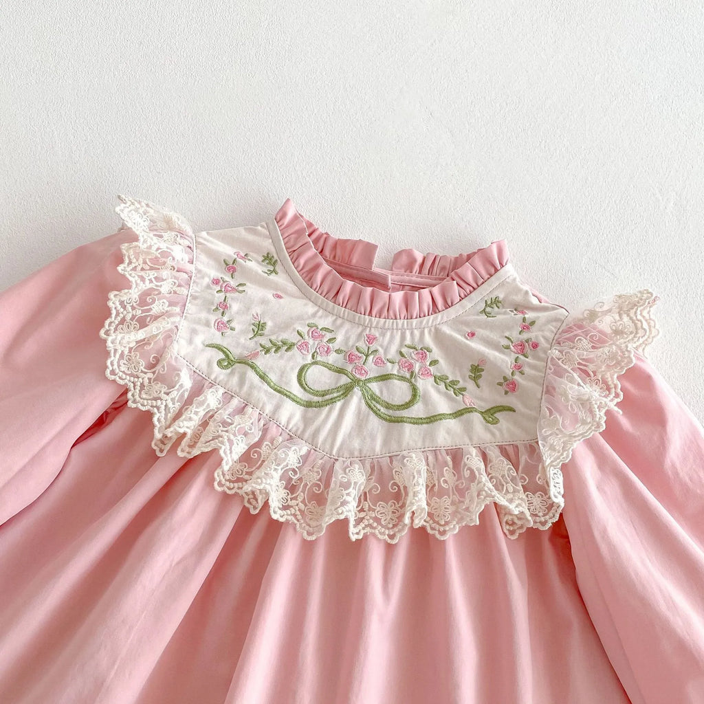 Pure cotton girls' dress in pink with lace stand collar and flower embroidery, long sleeves, princess style