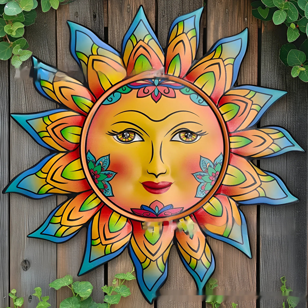 Iron sun face wall hanging decorative craft with detailed rays and 28cm diameter