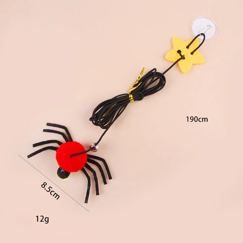 Red or yellow cat hanging door toy with elastic rope, feather, and bell for interactive play