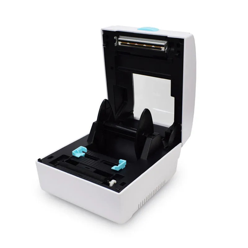 White thermal label printer with Bluetooth and USB connectivity measuring 200x160mm