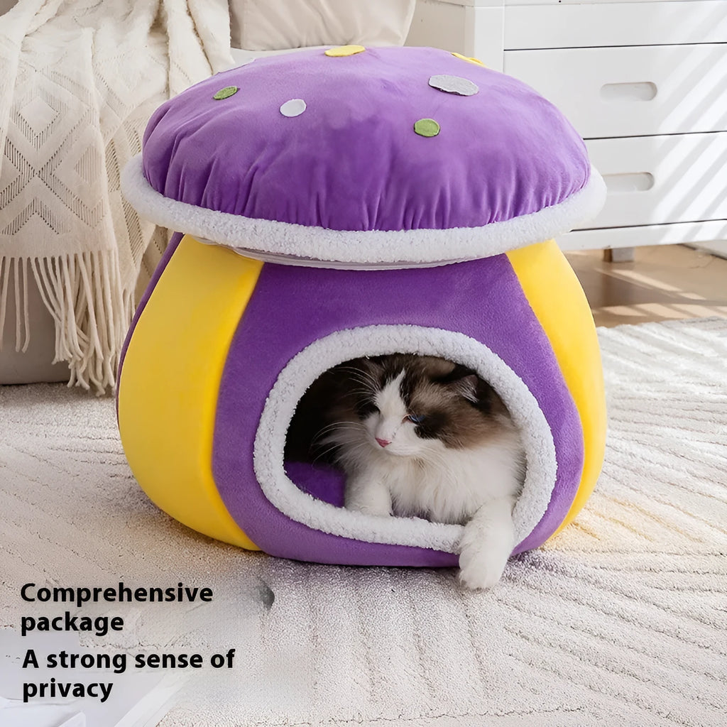 Mushroom-shaped cat bed with detachable plush blanket in grey, pink or purple colour