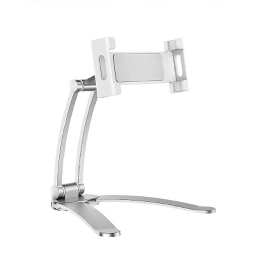 Silver aluminum alloy desktop tablet stand holding a tablet at adjustable angle with white mounting base