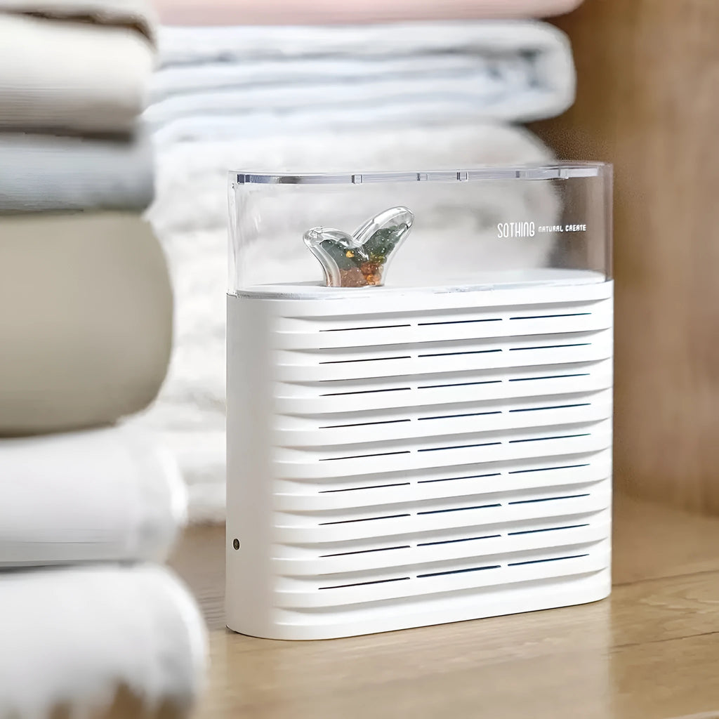 White recyclable cabinet dehumidifier box with transparent top showing colour-changing silica gel beads