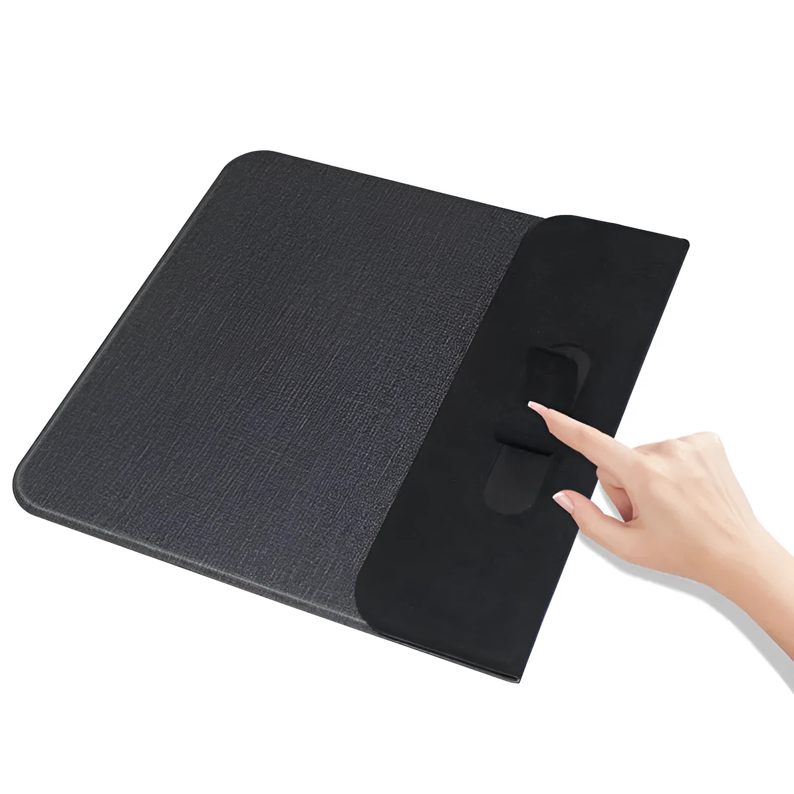 Foldable cloth phone holder with wireless charging capability showing adjustable viewing angles