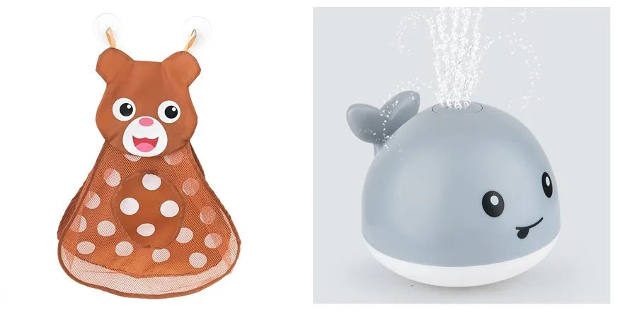 Whale-shaped baby bath toy with automatic water spray and colourful lights floating in water.