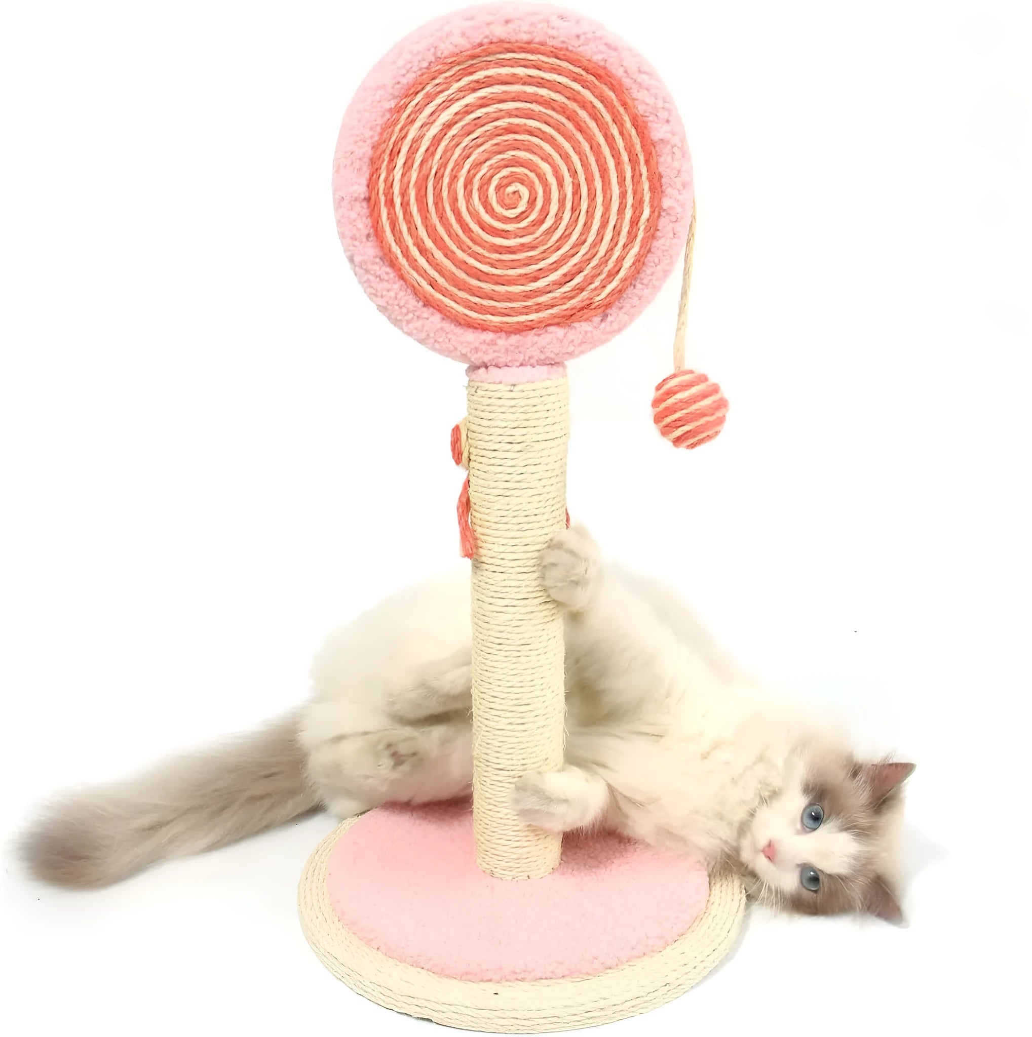 Blue cat scratching post with natural sisal rope and hanging ball on sturdy base