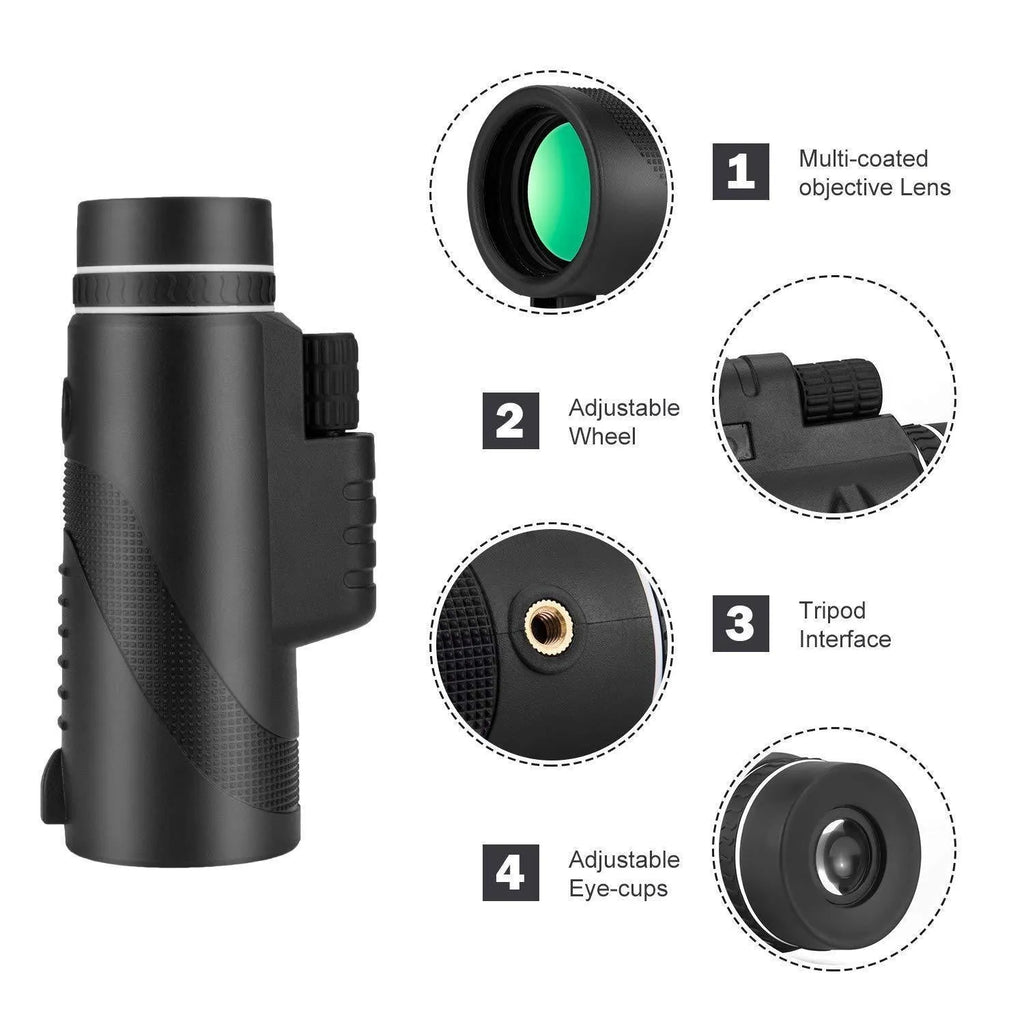Black 40x60 monocular telescope with smartphone compatibility showing 40x magnification and waterproof construction