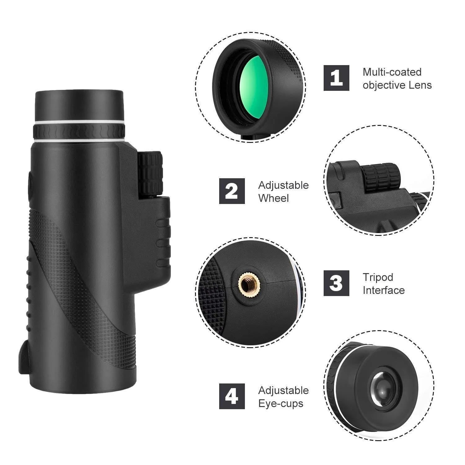 Black 40x60 monocular telescope with smartphone compatibility showing 40x magnification and waterproof construction