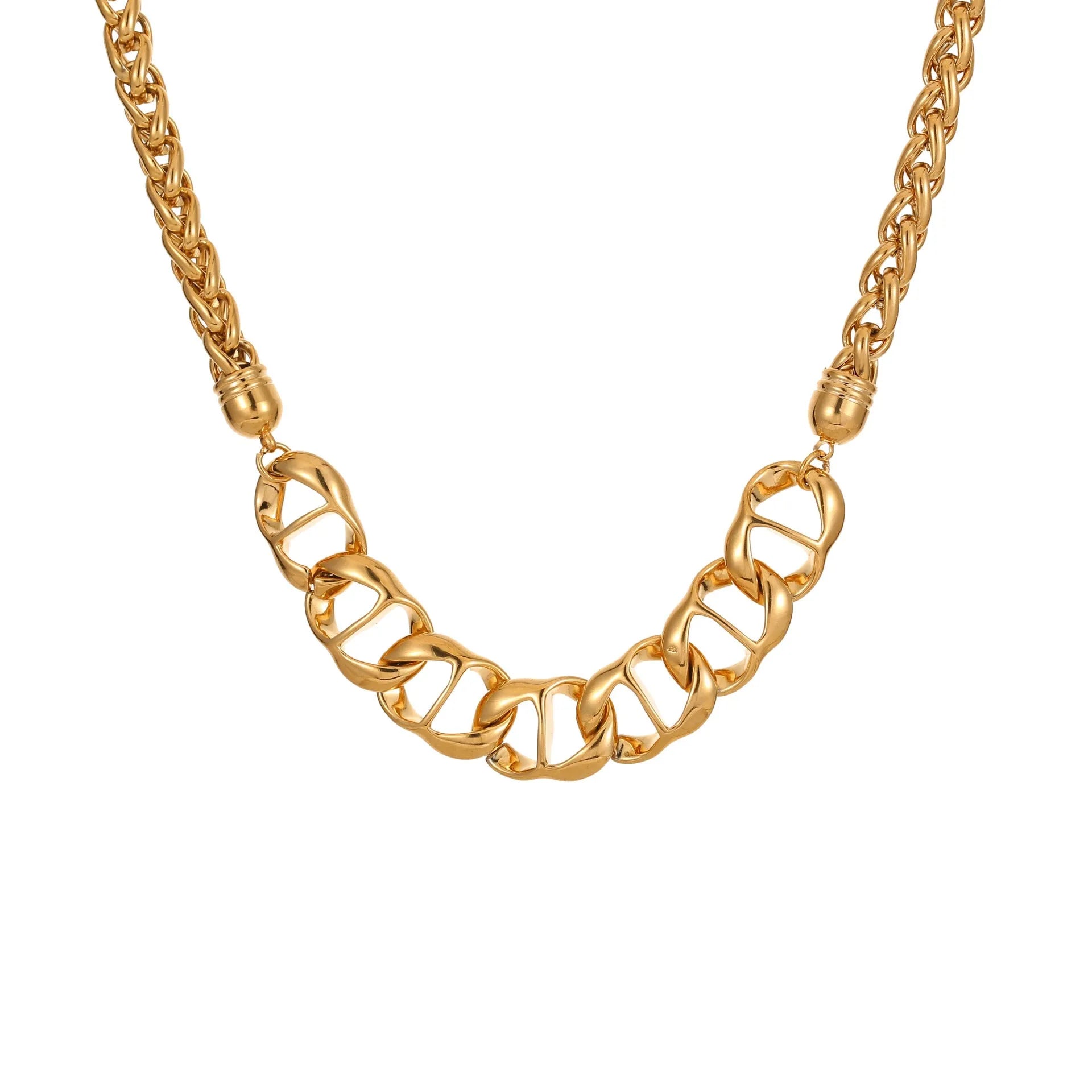 Stainless steel geometric pendant necklace with gold plating on a regular chain.